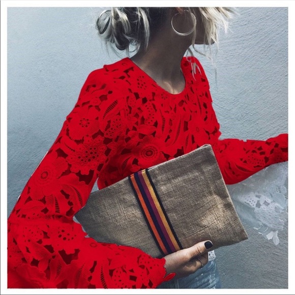 Gorgeous Cotton Crochet Detailed Blouse Red - Picture 2 of 3